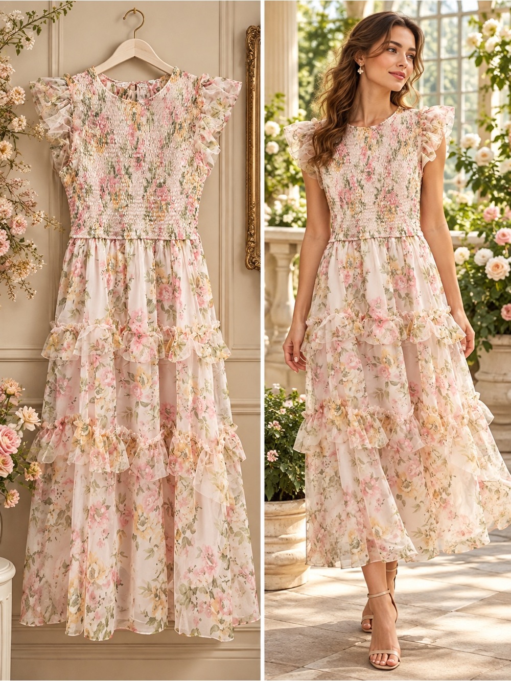 Perch by Blu Pepper Floral Ruffle Tiered Midi Dress - Pink